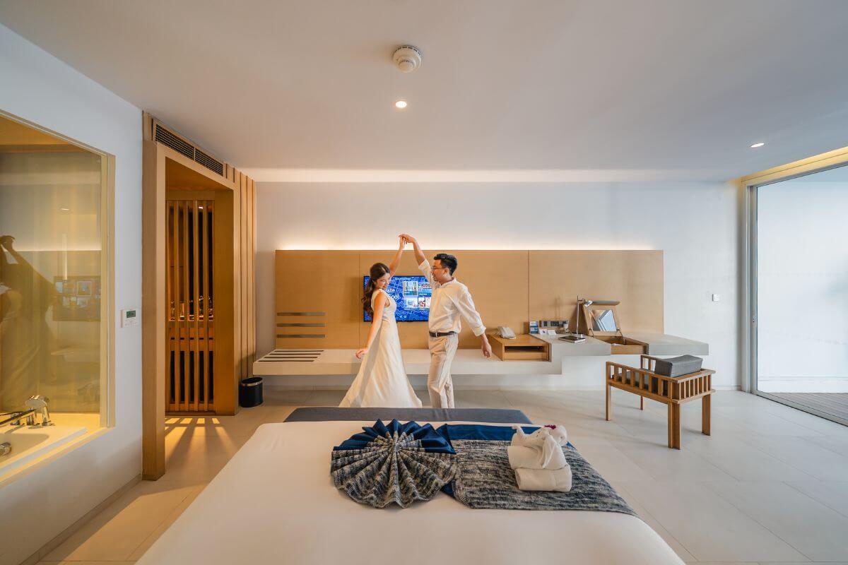 Couple enjoying an early bird hotel stay